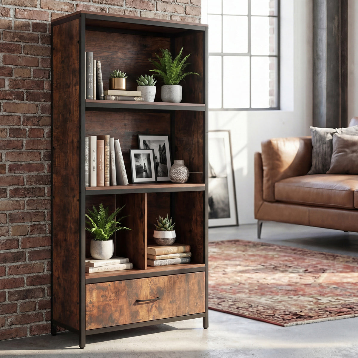 56" Tall Freestanding Bookcase with Drawer 5 Tier