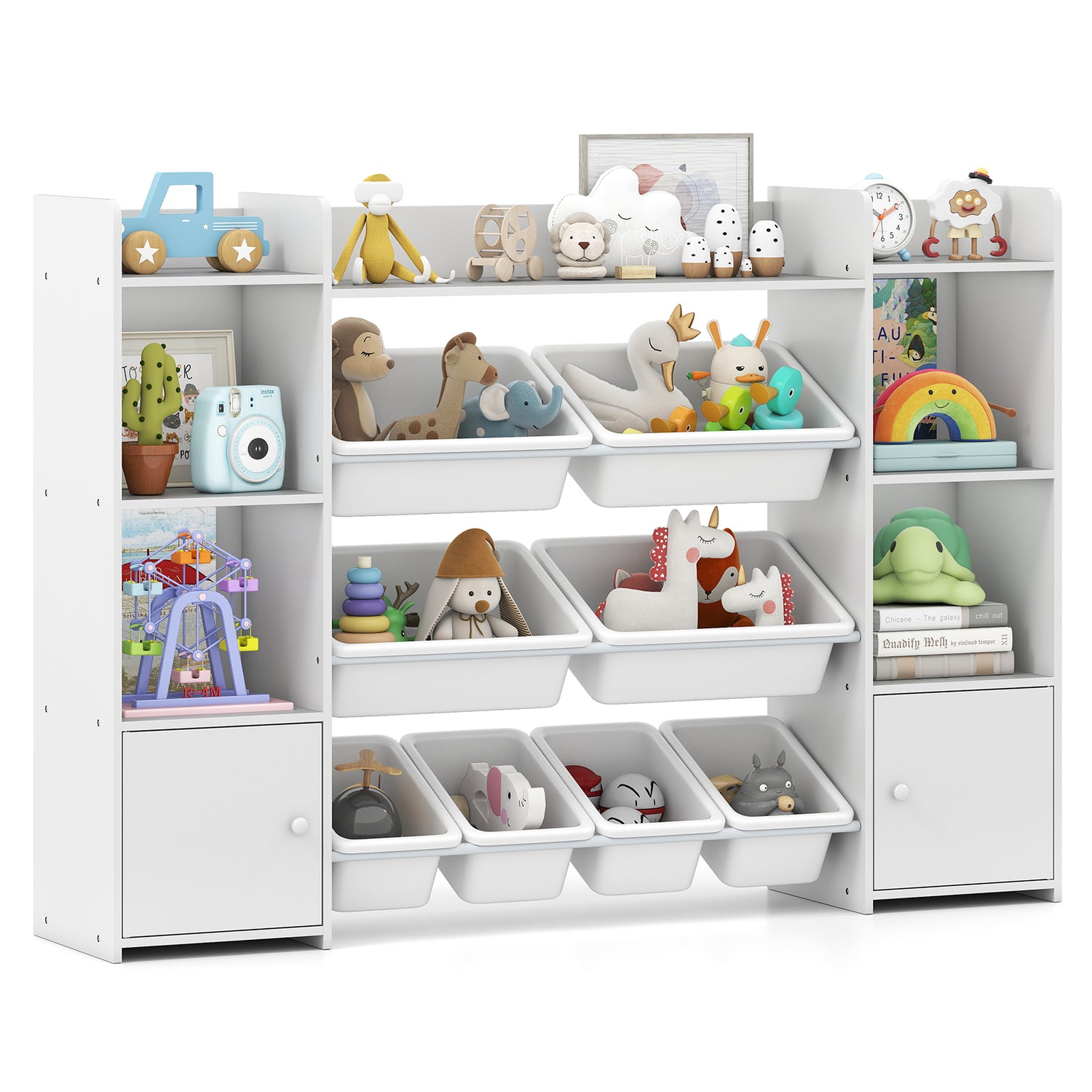 56 inch Large Toy Storage Organizer with 8 Removable Bins and Bookshelf