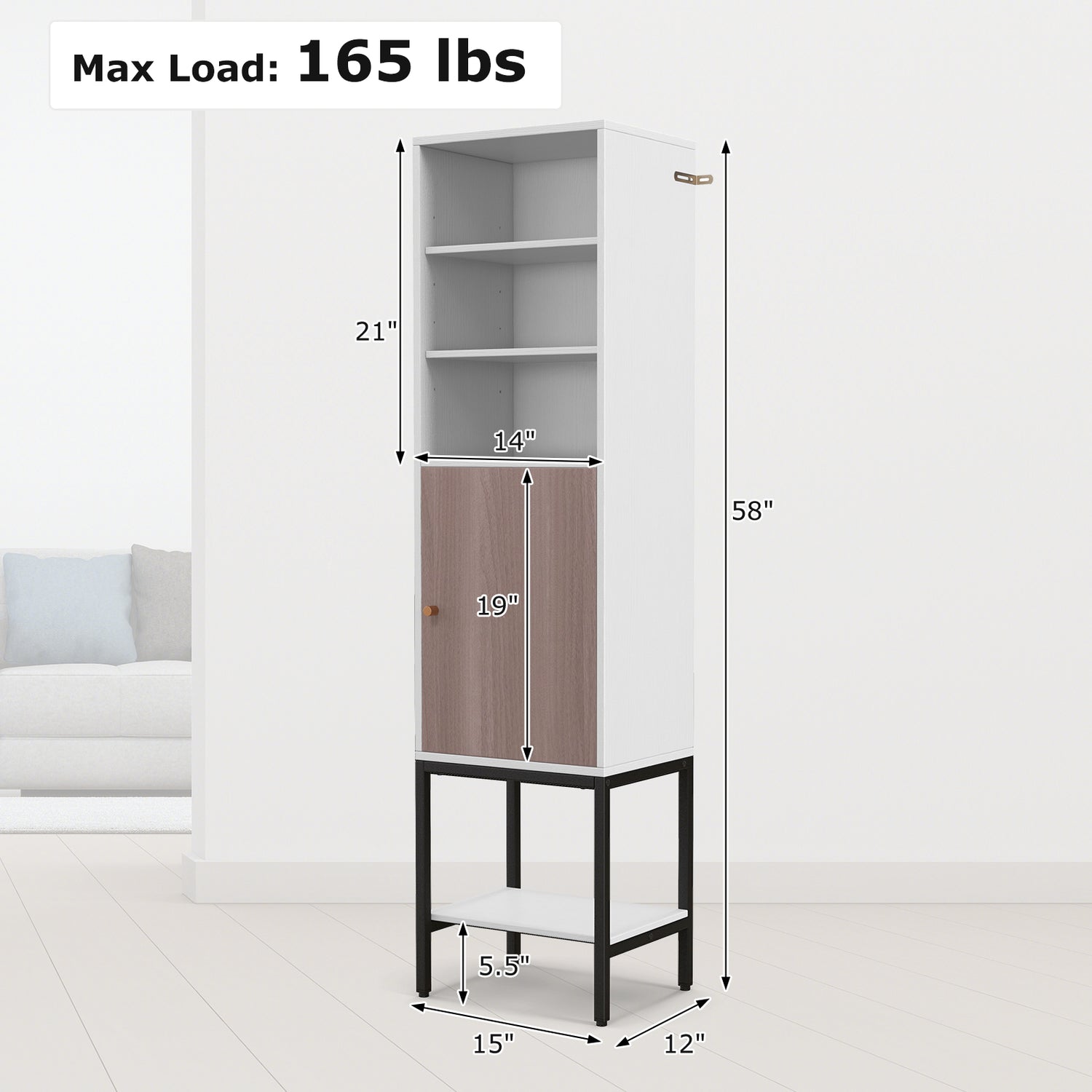 57 Inch Bathroom Tall Cabinet with 1 Door and 4 Shelves Narrow Storage Unit