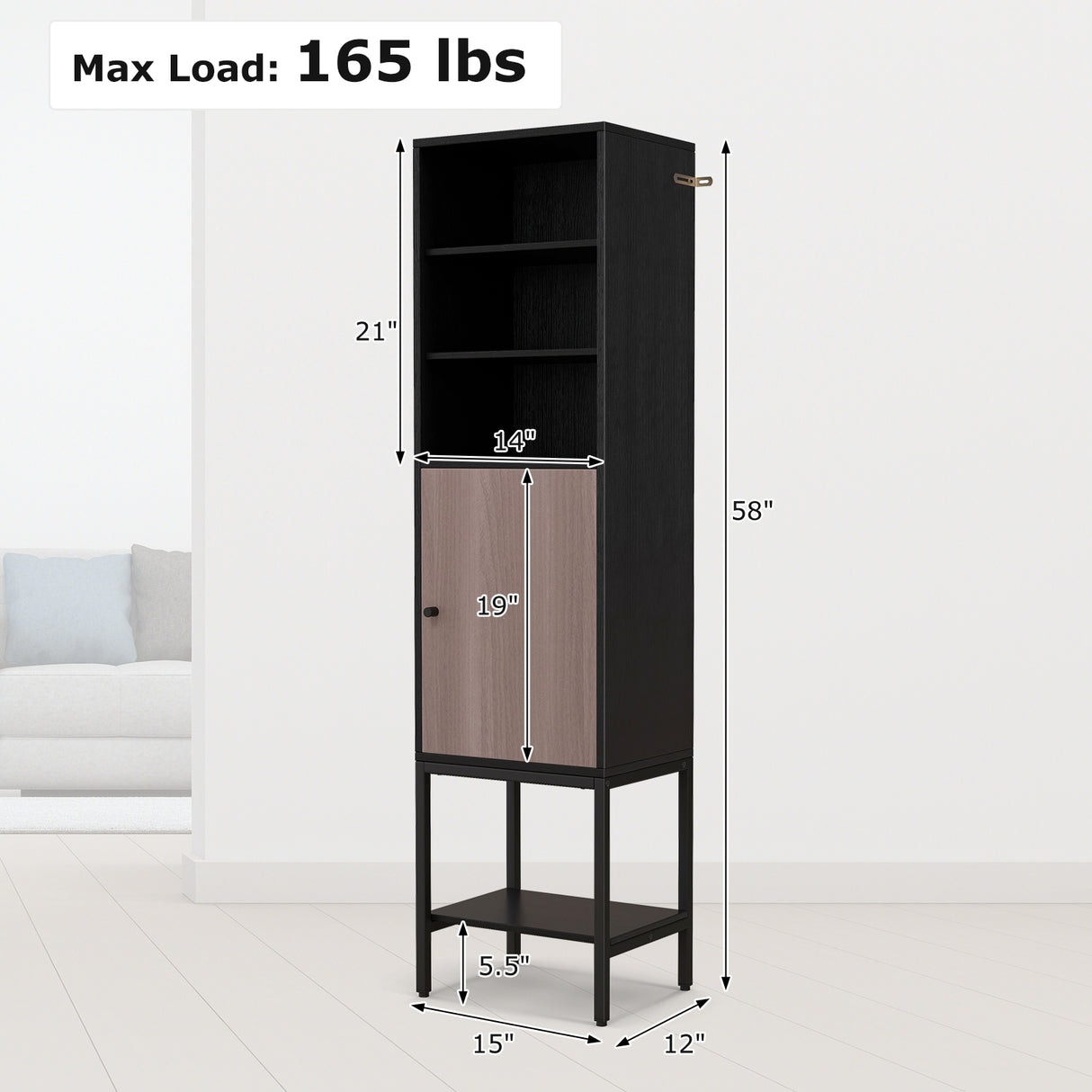 57 Inch Bathroom Tall Cabinet with 1 Door and 4 Shelves Narrow Storage Unit