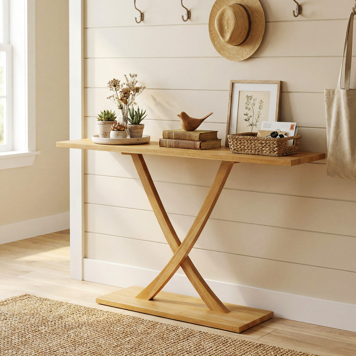 57 Inch Solid Wood Console Table with Teak Wood Frame and Geometric Design