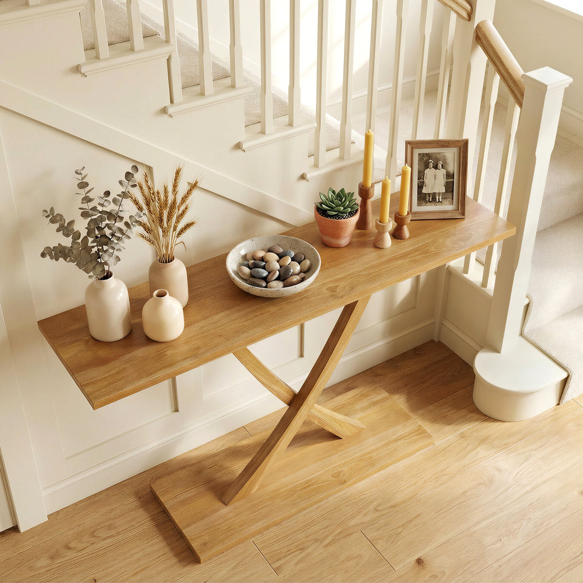 57 Inch Solid Wood Console Table with Teak Wood Frame and Geometric Design