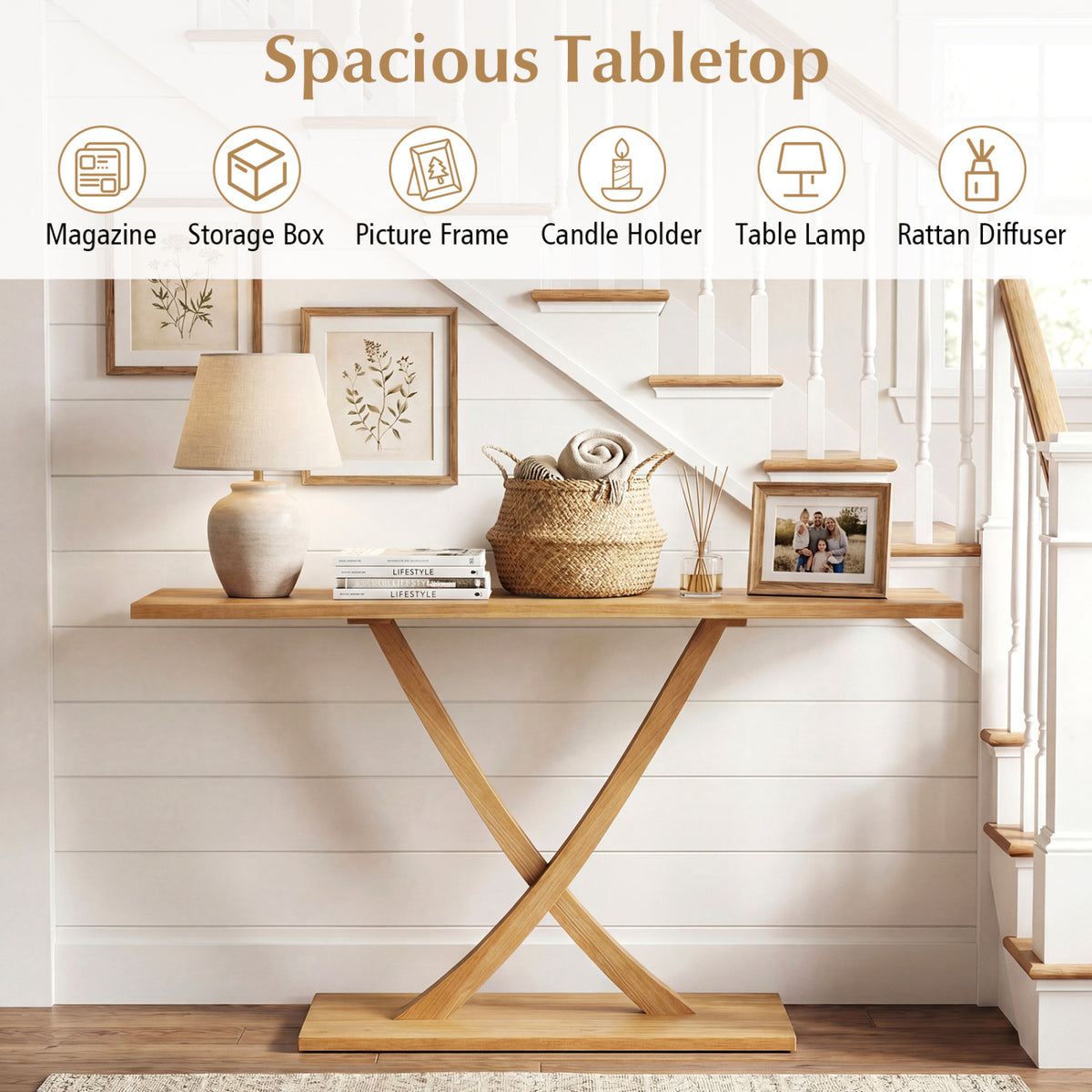 57 Inch Solid Wood Console Table with Teak Wood Frame and Geometric Design