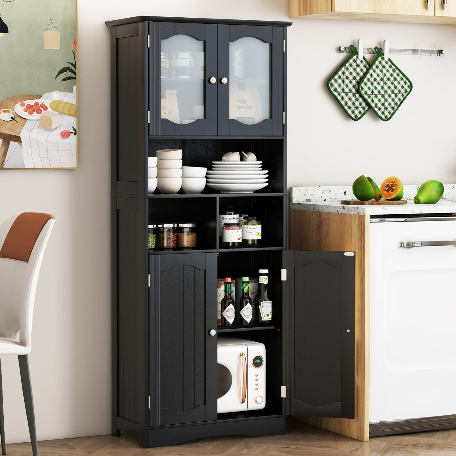 58.5 Inch Freestanding Linen Bathroom Storage Cabinet with Frost Glass Doors