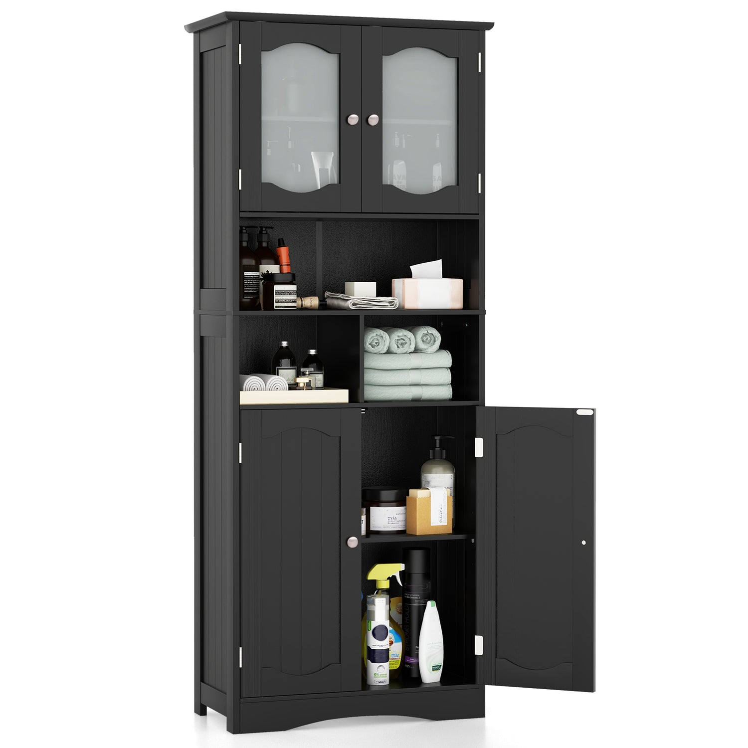 58.5 Inch Freestanding Linen Bathroom Storage Cabinet with Frost Glass Doors