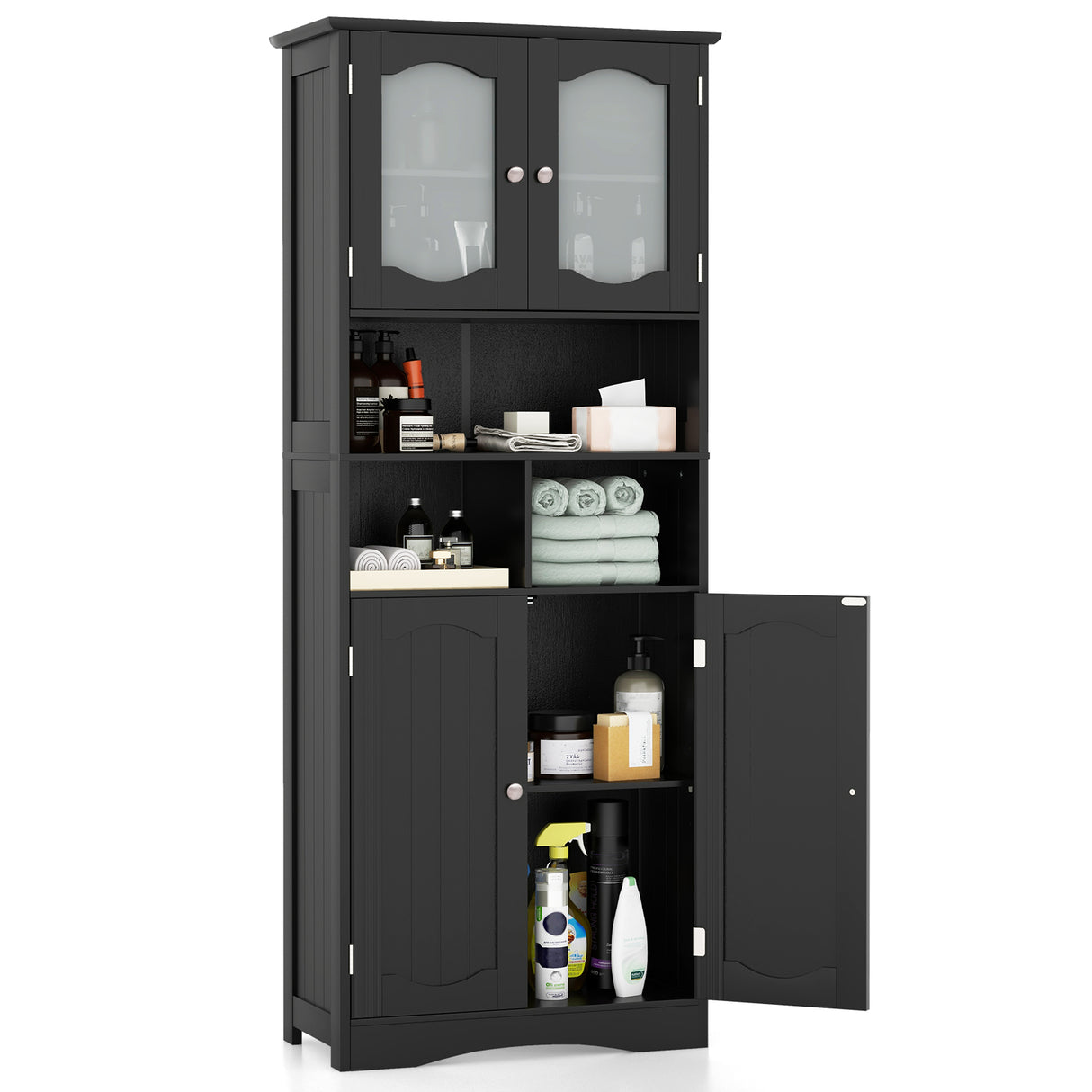 58.5 Inch Freestanding Linen Bathroom Storage Cabinet with Frost Glass Doors