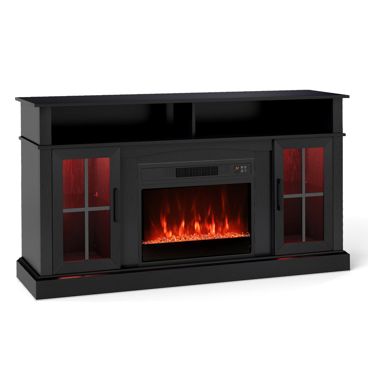 58 Inch Fireplace TV Stand with LED Lights with Storage Cabinets and Glass Doors