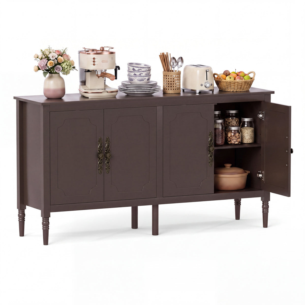 58" Vintage Buffet Cabinet with Pine Wood Legs and Adjustable Shelves for Kitchen