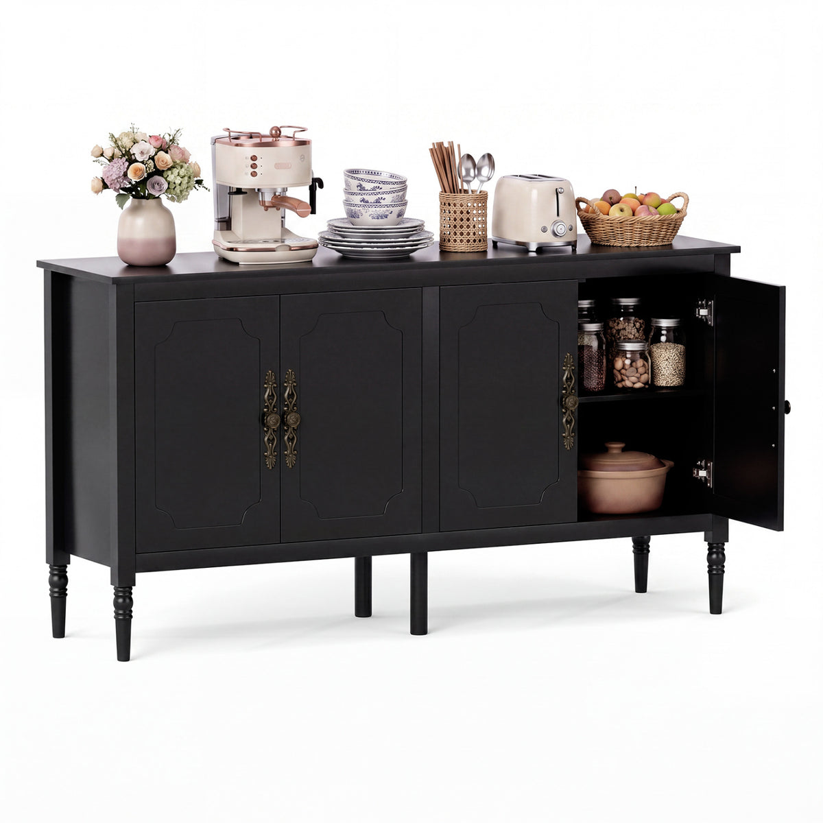 58" Vintage Buffet Cabinet with Pine Wood Legs and Adjustable Shelves for Kitchen