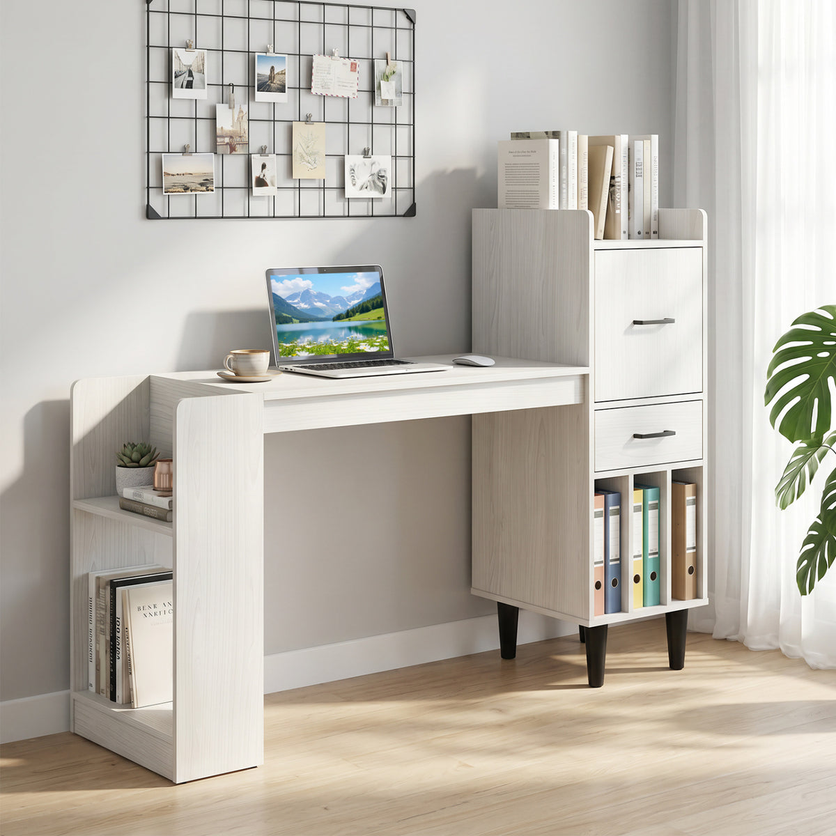 59" Home Office Desk with Side Storage Shelves and Drawer Cabinets for Bedroom-White