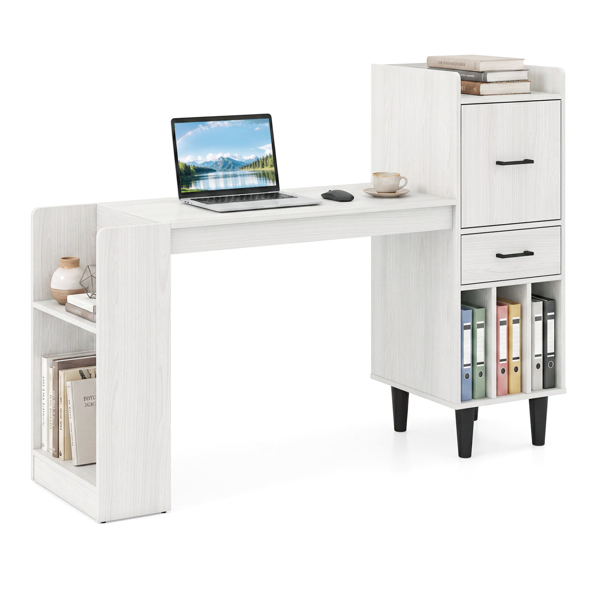 59" Home Office Desk with Side Storage Shelves and Drawer Cabinets for Bedroom-White