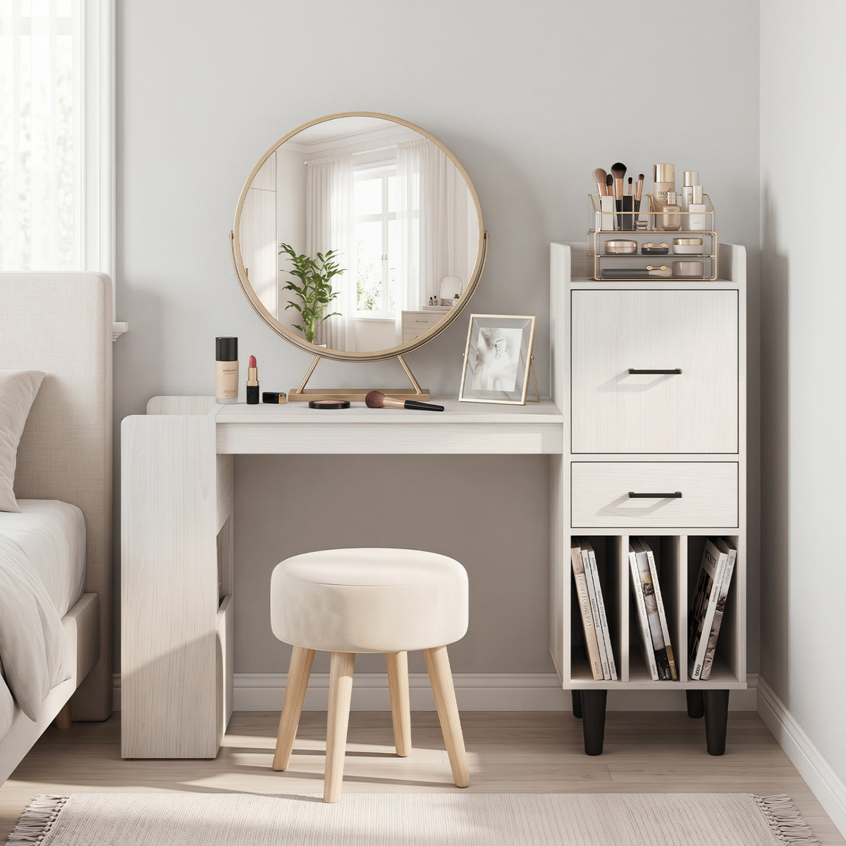 59" Home Office Desk with Side Storage Shelves and Drawer Cabinets for Bedroom-White