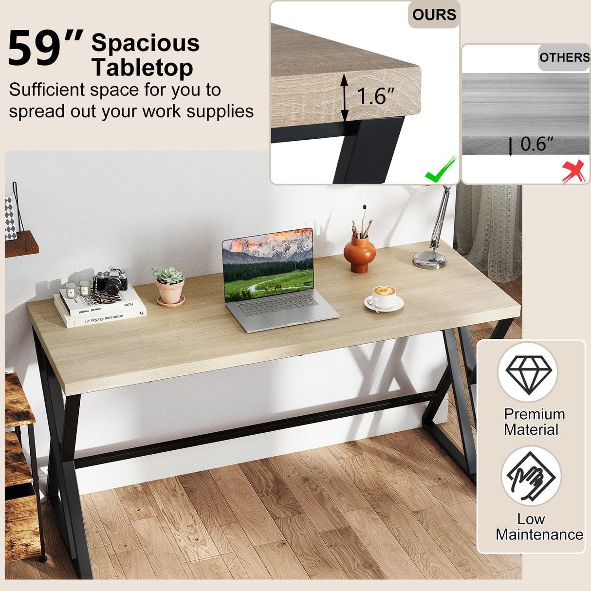 59 Inch Computer Desk with Heavy-duty Metal Frame and Crossbar-Gray