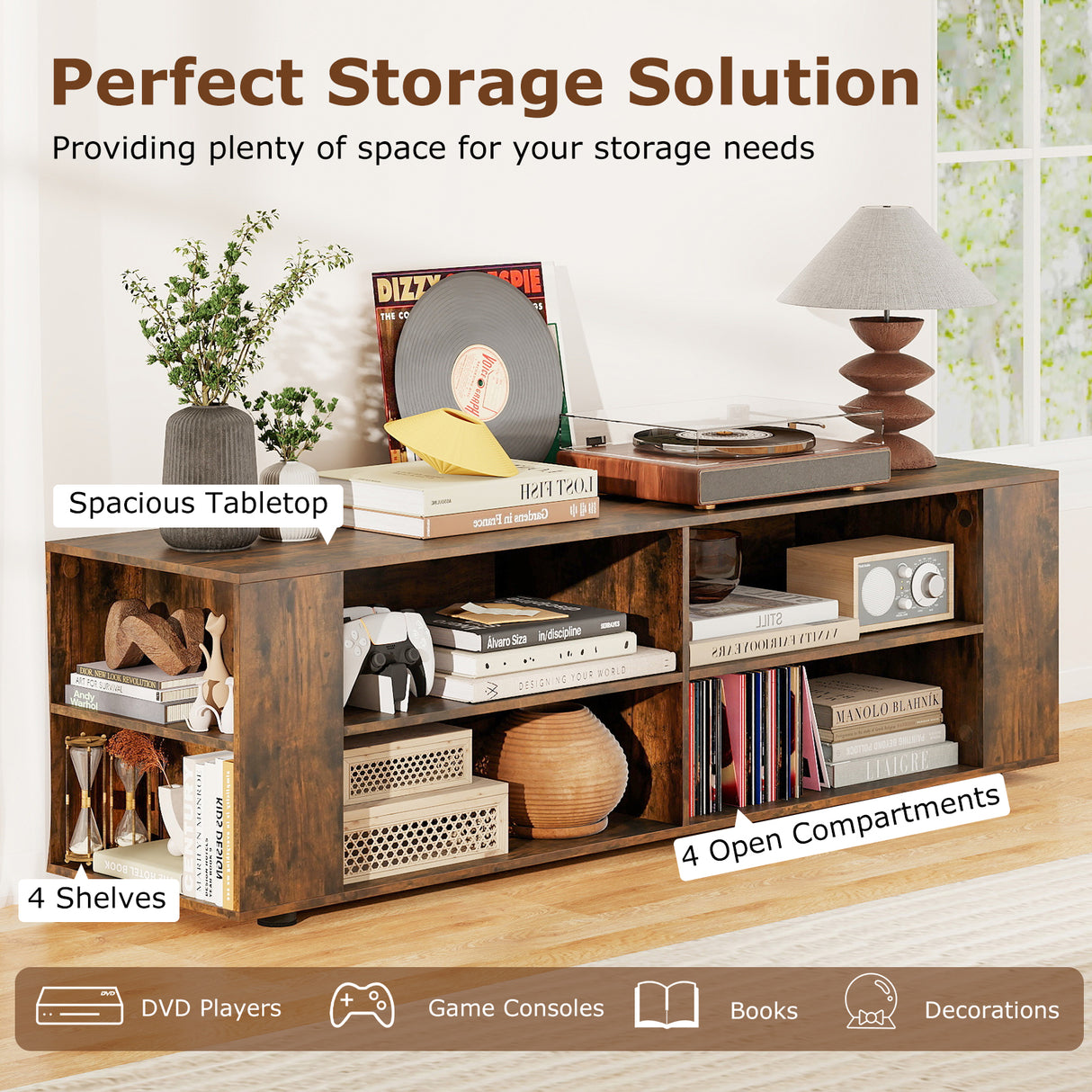 59 Inch Console Storage Entertainment Media Wood TV Stand