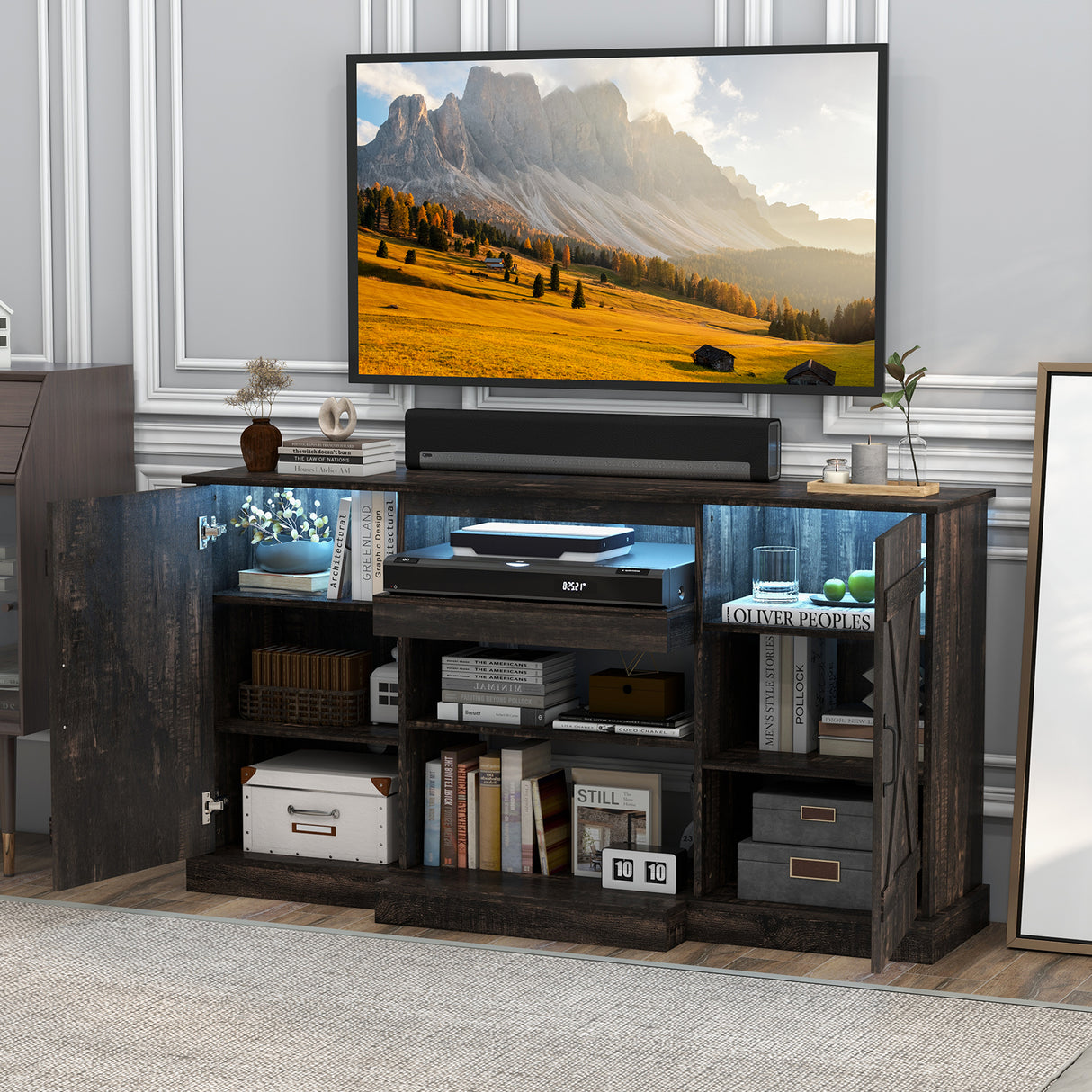 58 Inches TV stand for TVs up to 65 Inches with 20 Color Led Lights-Coffee