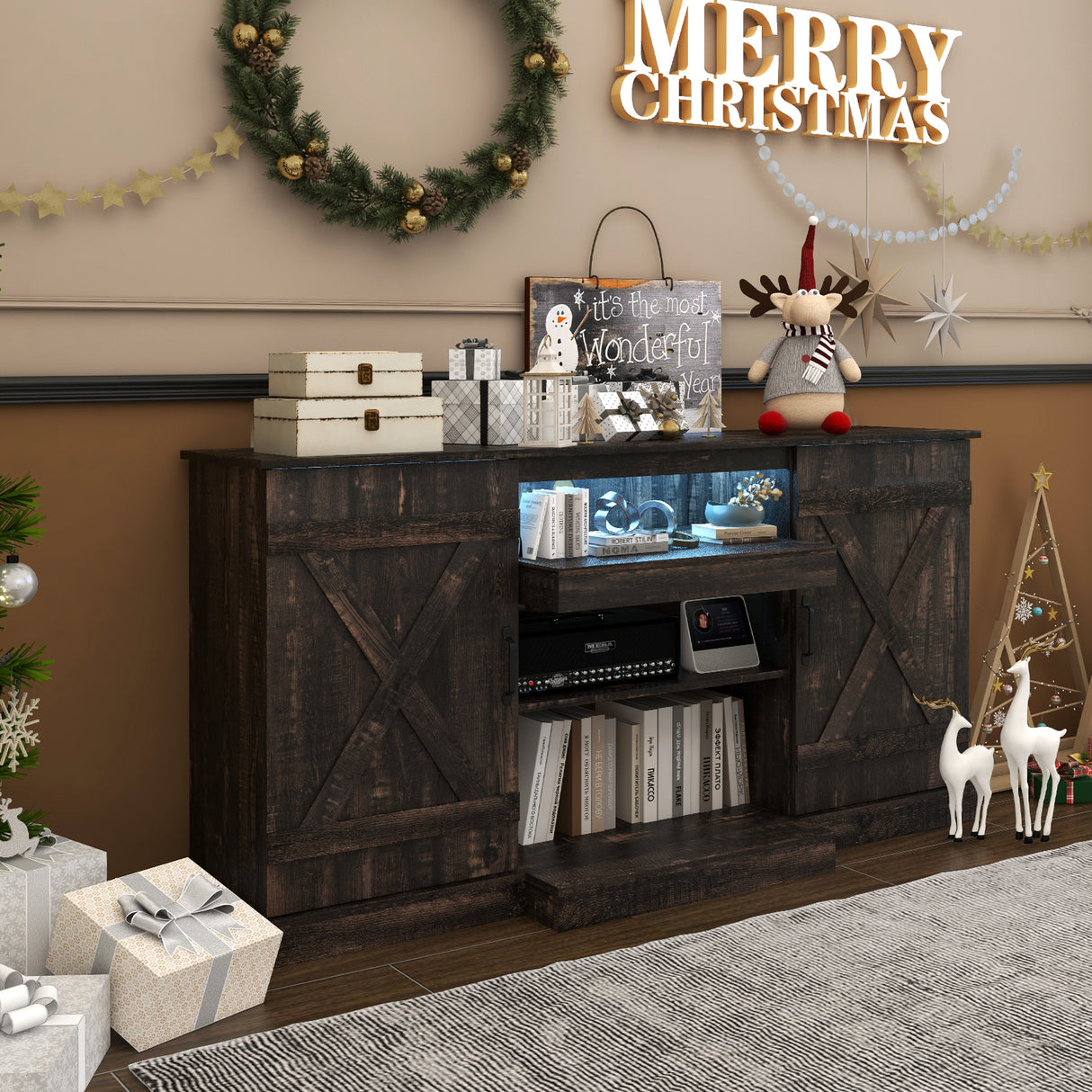 58 Inches TV stand for TVs up to 65 Inches with 20 Color Led Lights-Coffee