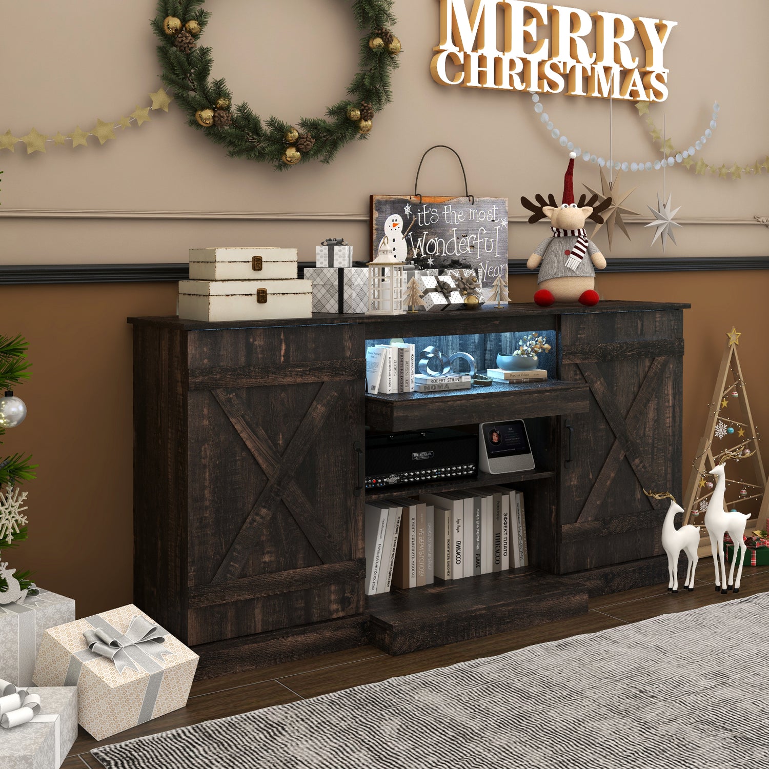 58 Inches TV stand for TVs up to 65 Inches with 20 Color Led Lights-Coffee