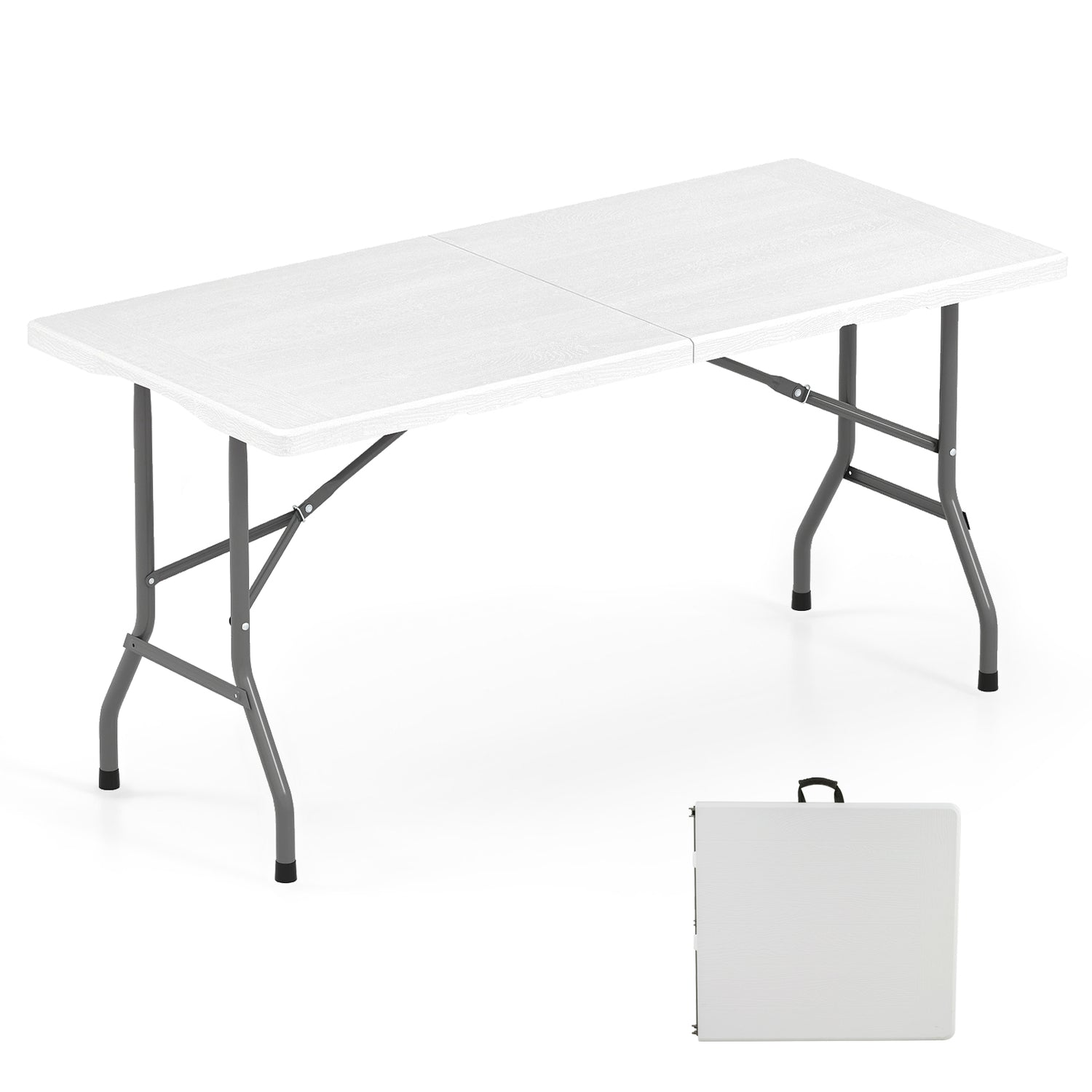 5FT Folding Picnic Table with Wood Grain HDPE Tabletop and Non-slip Foot Pads