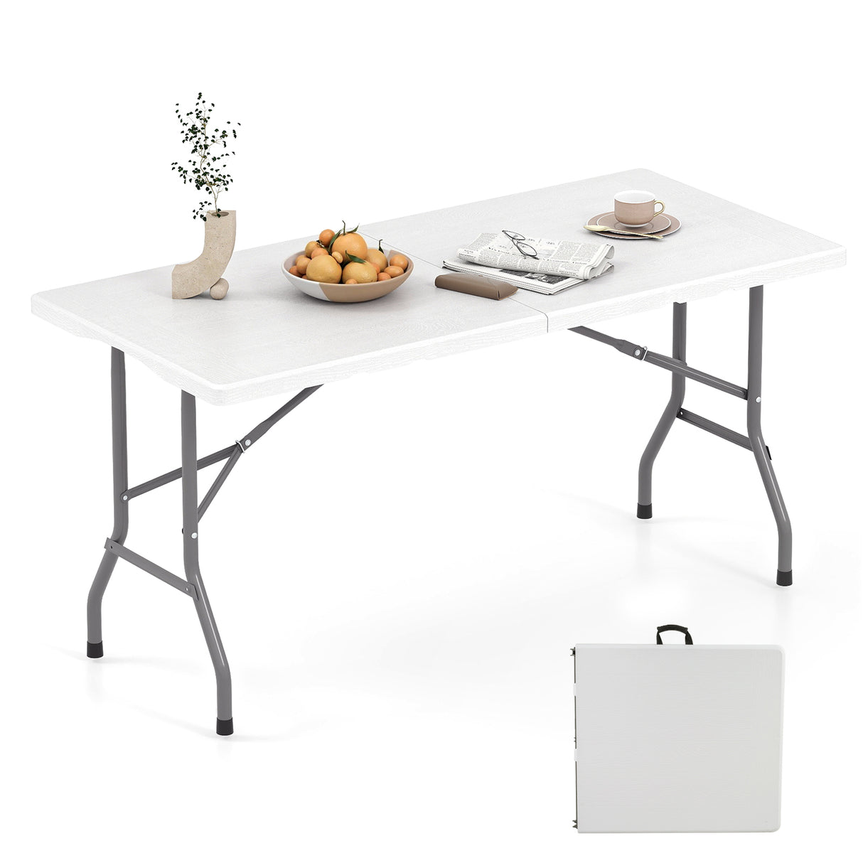 5FT Folding Picnic Table with Wood Grain HDPE Tabletop and Non-slip Foot Pads