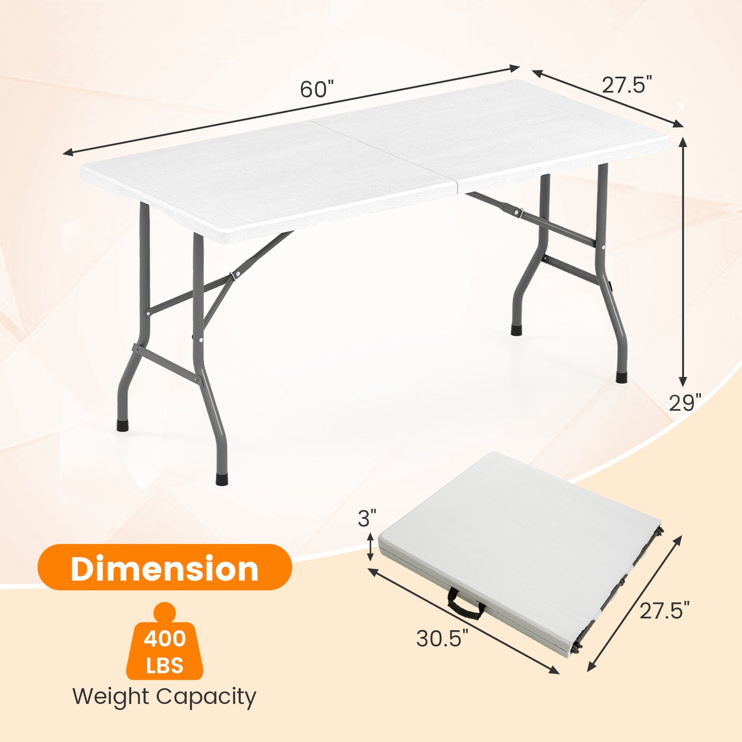 5FT Folding Picnic Table with Wood Grain HDPE Tabletop and Non-slip Foot Pads
