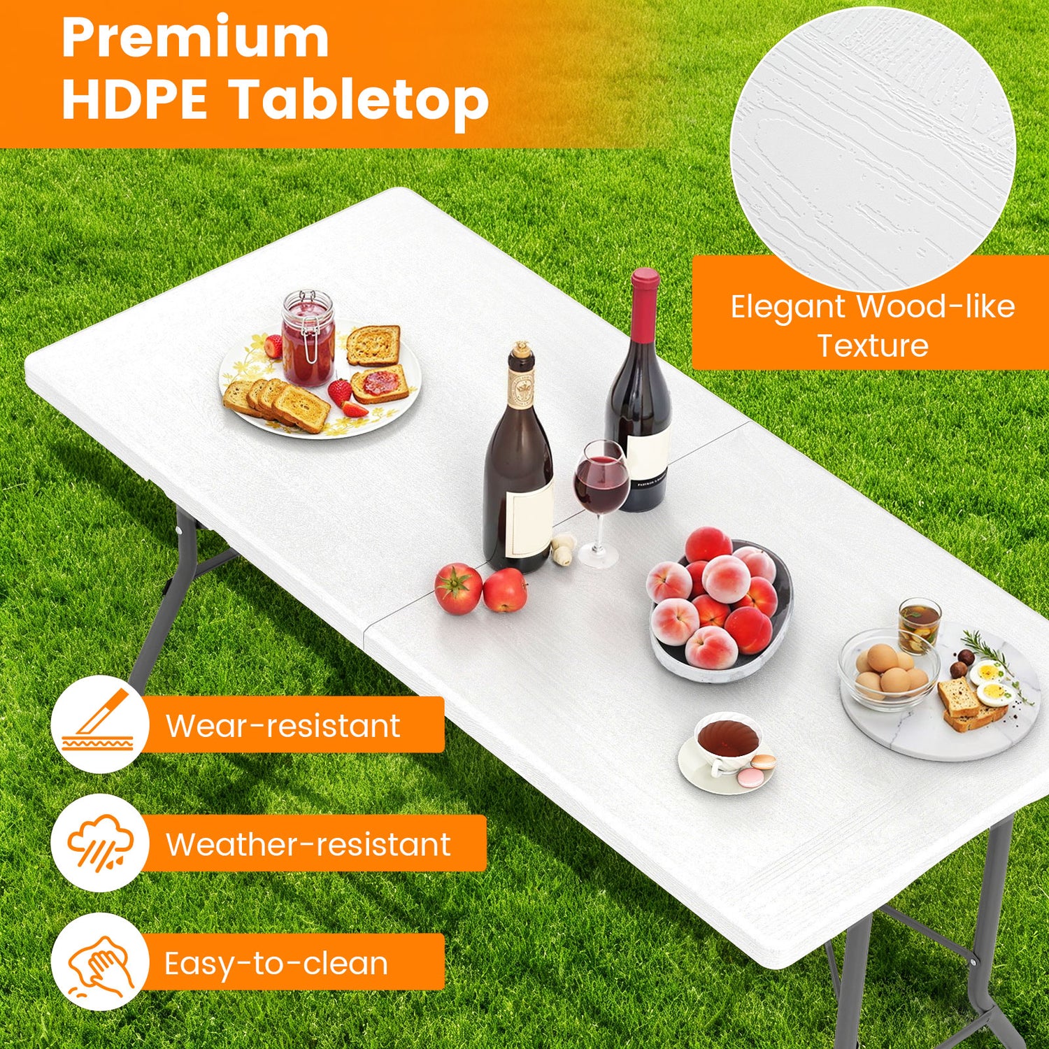 5FT Folding Picnic Table with Wood Grain HDPE Tabletop and Non-slip Foot Pads