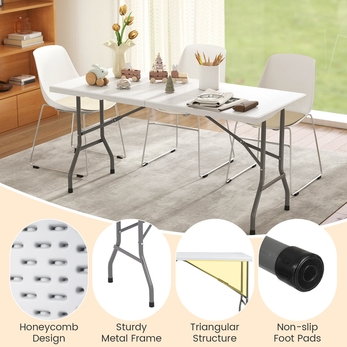 5FT Folding Picnic Table with Wood Grain HDPE Tabletop and Non-slip Foot Pads