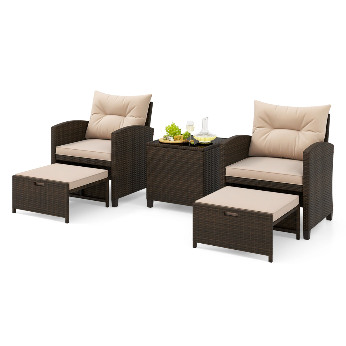 5 Pieces Patio Rattan Furniture with 2 Ottomans and Tempered Glass Coffee Table