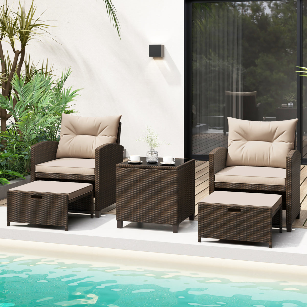 5 Pieces Patio Rattan Furniture with 2 Ottomans and Tempered Glass Coffee Table