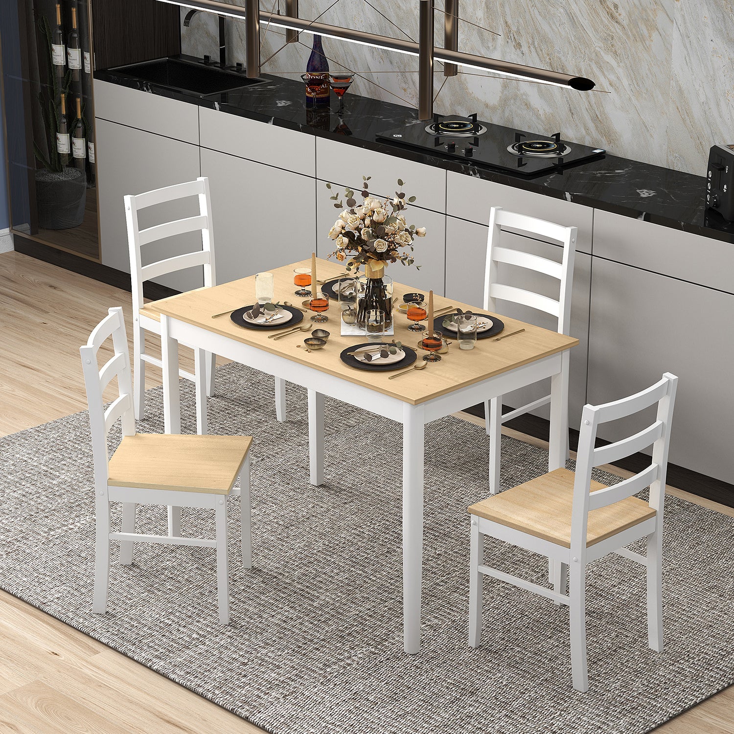5-Piece Wooden Dining Set with Rectangular Table and 4 Chairs