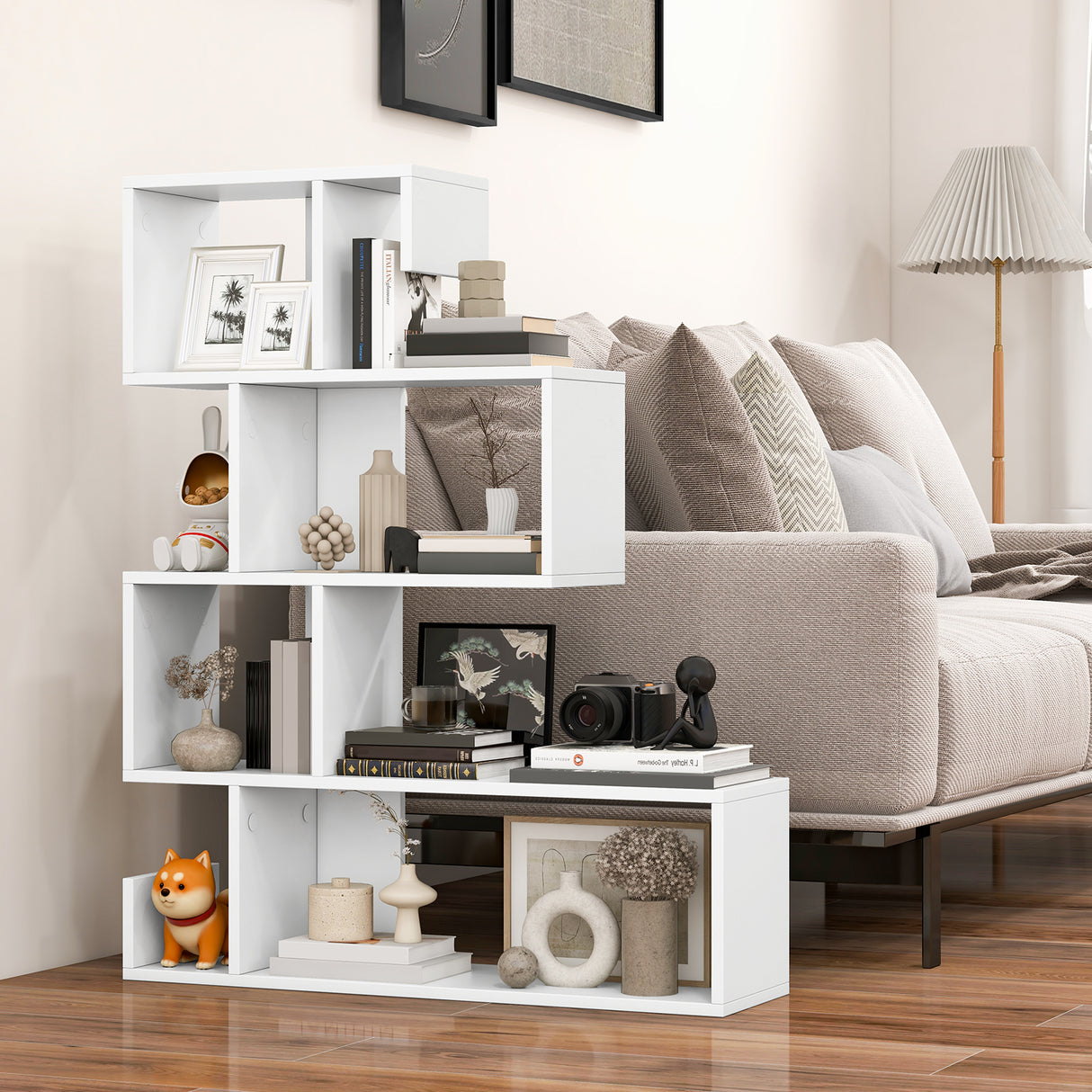 5-Tier S-Shaped Bookshelf Geometric Z-Shelf Bookcase with Open Cubes