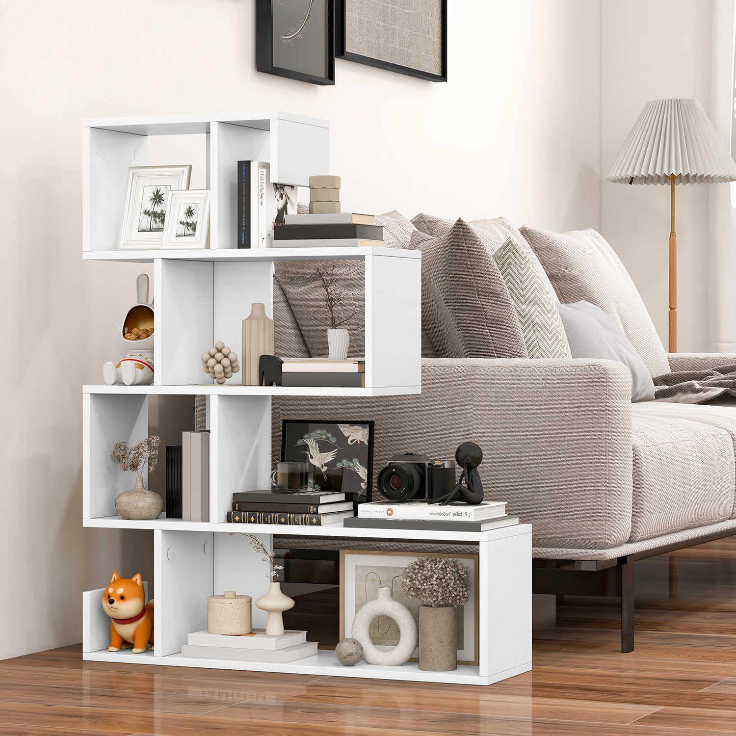 5-Tier S-Shaped Bookshelf Geometric Z-Shelf Bookcase with Open Cubes