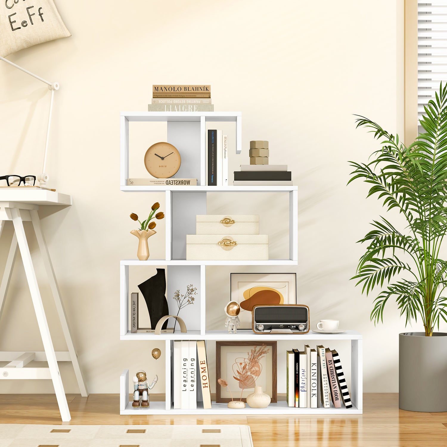 5-Tier S-Shaped Bookshelf Geometric Z-Shelf Bookcase with Open Cubes