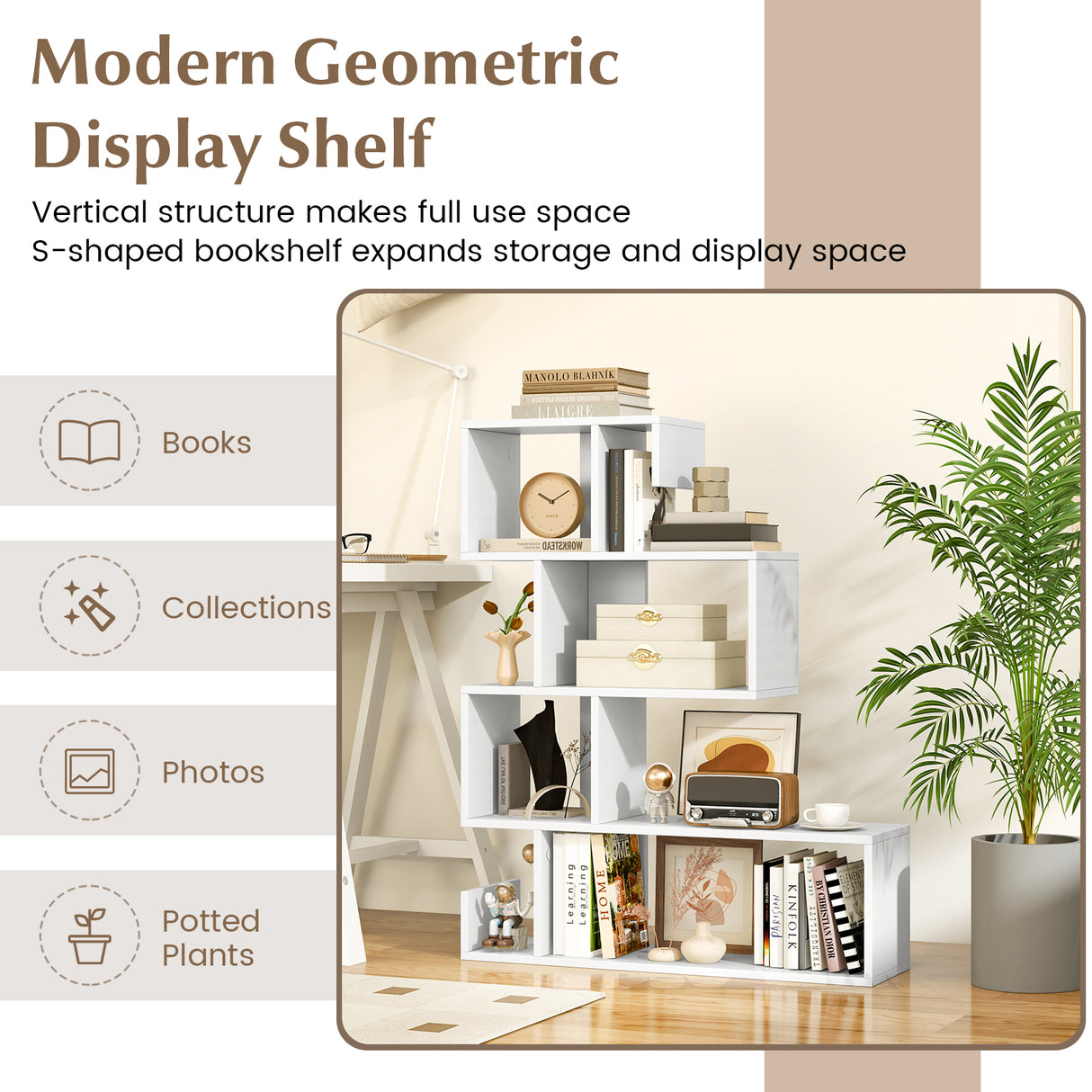 5-Tier S-Shaped Bookshelf Geometric Z-Shelf Bookcase with Open Cubes