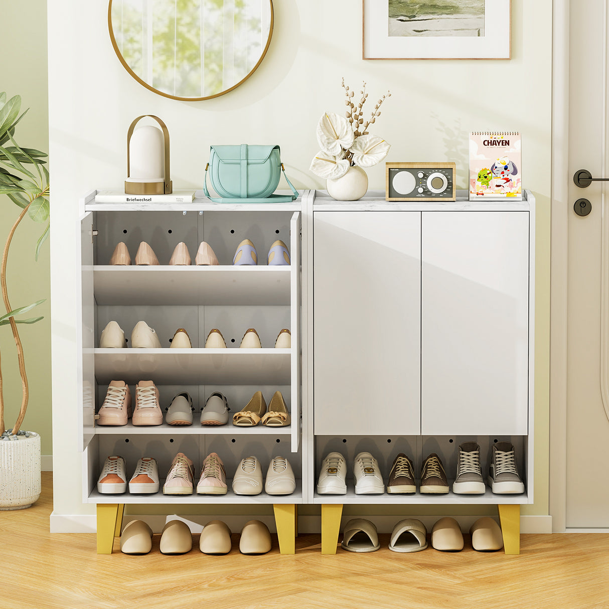 5-Tier Shoe Cabinet with Faux Marble Countertop and Flat Tilting Shelves-White