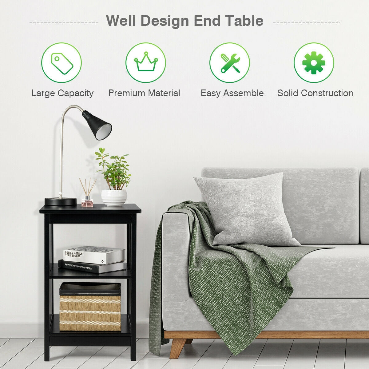 3-Tier Nightstand Side Table with Baffles and Corners