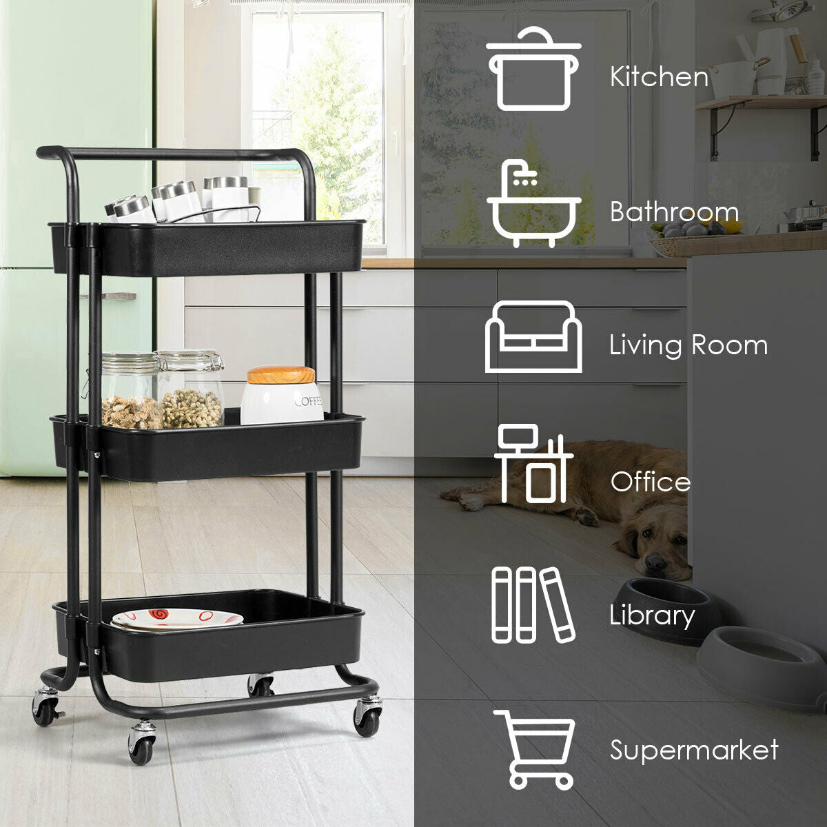 3-Tier Utility Cart Storage Rolling Cart with Casters