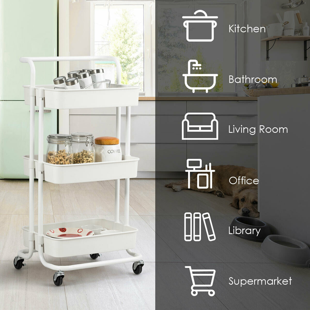 3-Tier Utility Cart Storage Rolling Cart with Casters