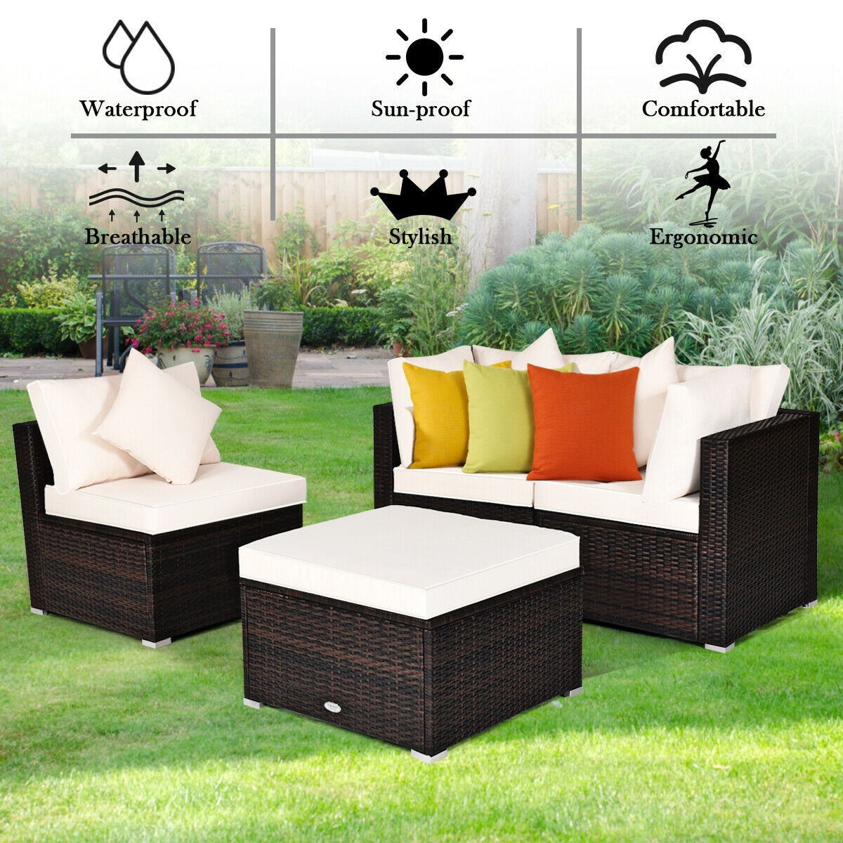 4 Pcs Ottoman Garden Deck Patio Rattan Wicker Furniture Set Cushioned Sofa