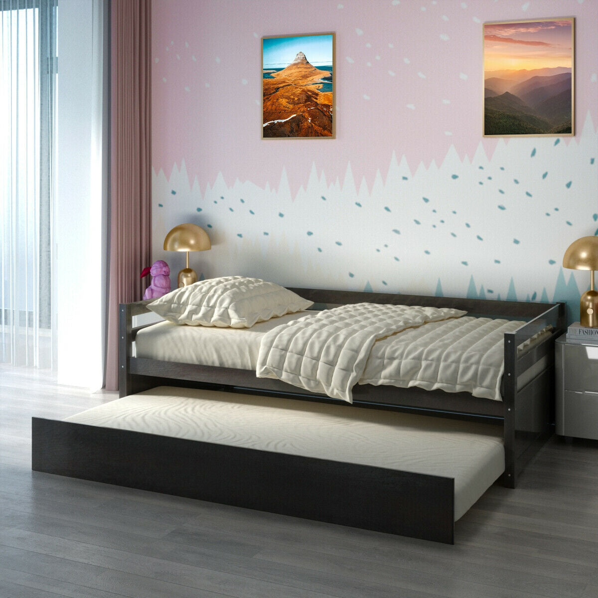 Twin Size Wooden Slat Trundle Platform