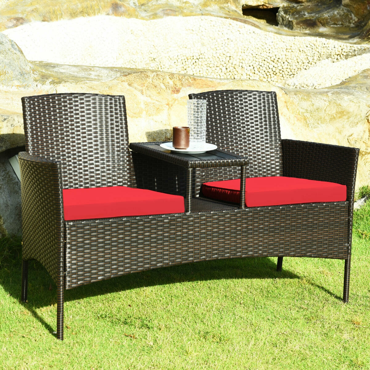 Modern Patio Conversation Set with Built-in Coffee Table and Cushions