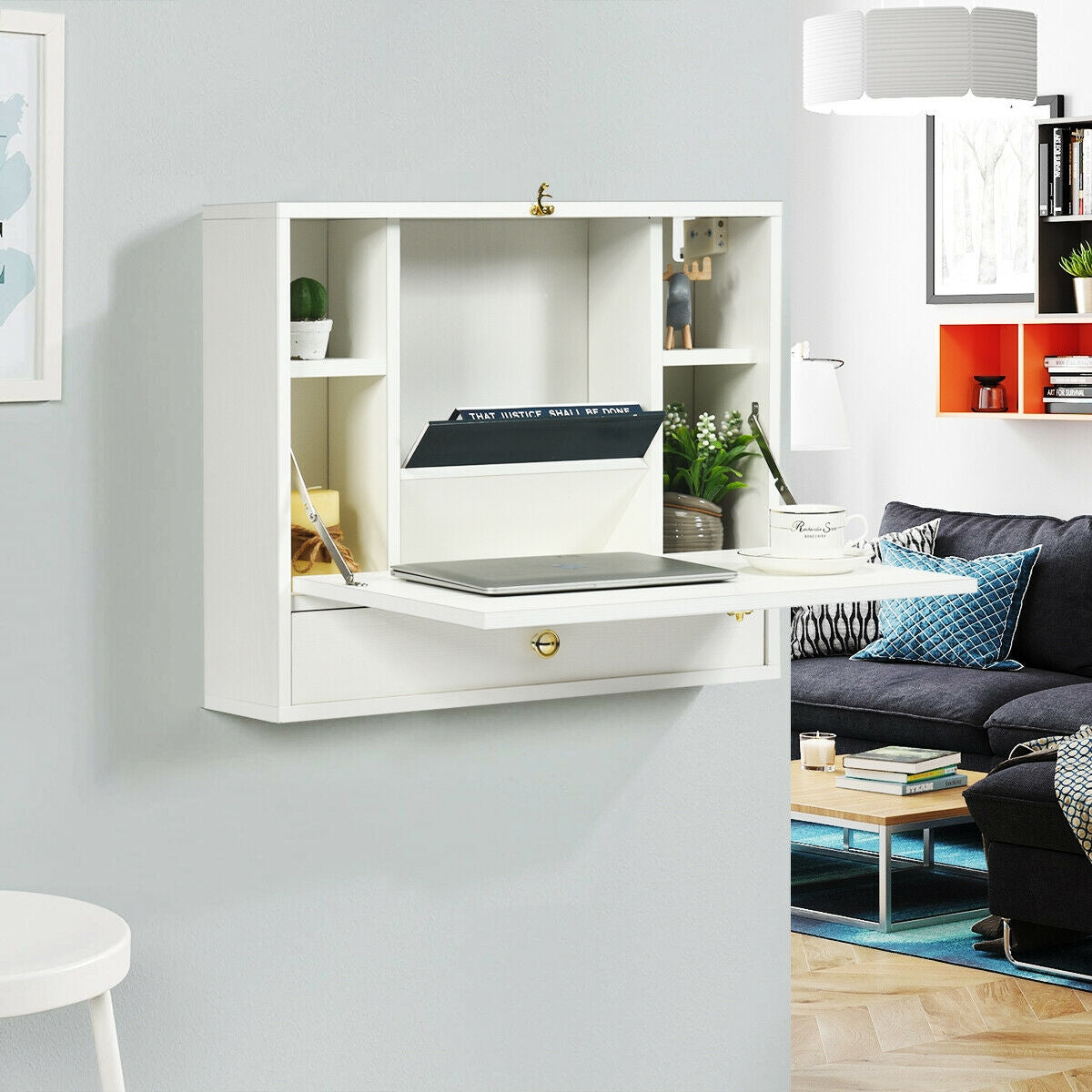 Wall Mounted Folding Laptop Desk Hideaway Organizer Storage-White