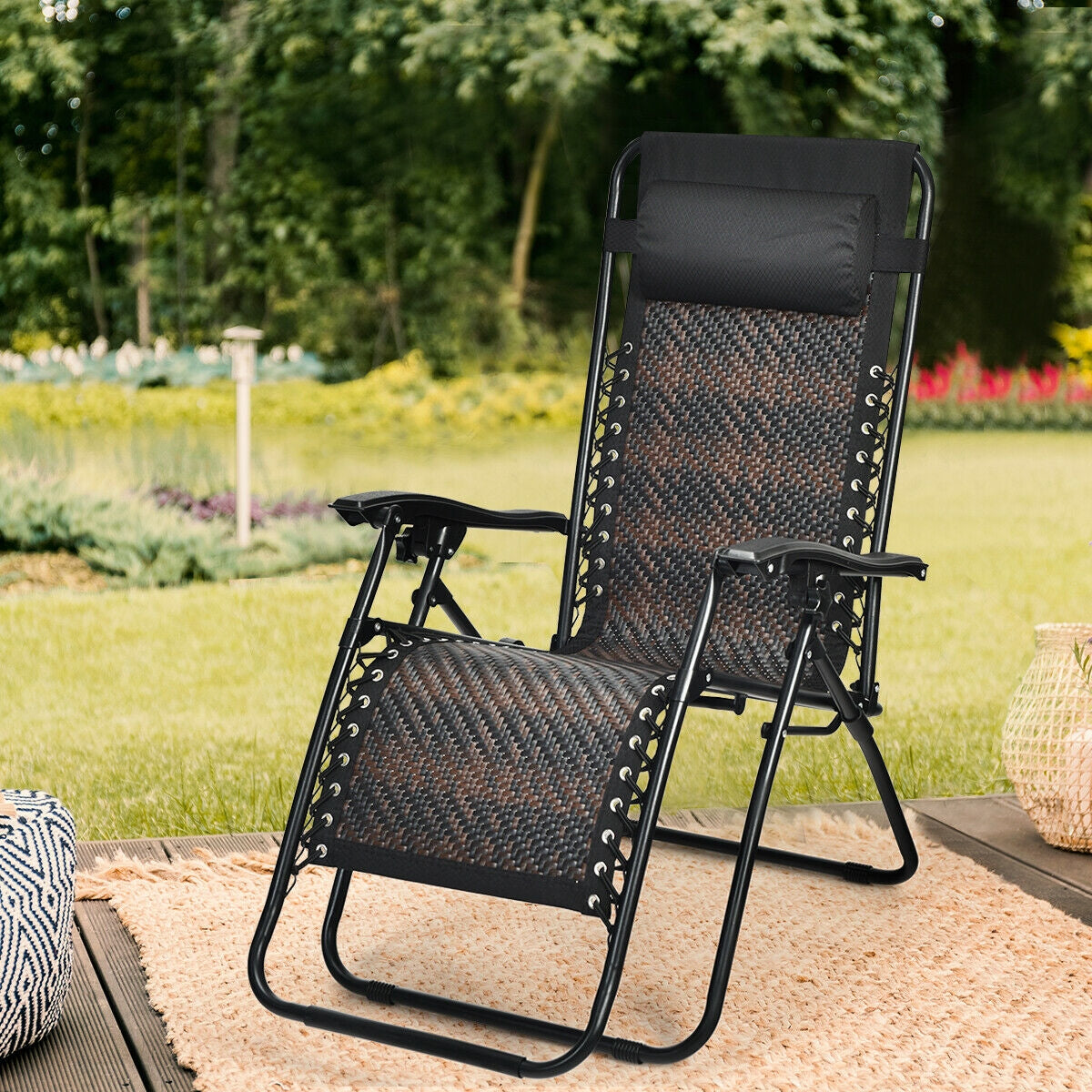 Folding Rattan Zero Gravity Lounge Chair with Removable Head Pillow