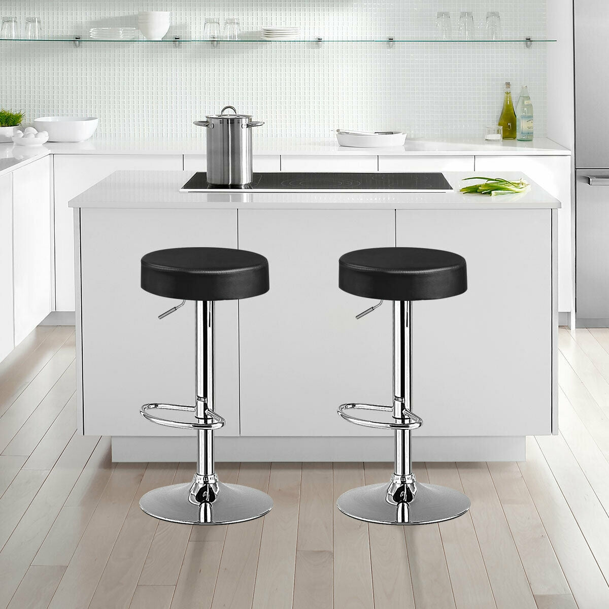 Set of 2 Adjustable Round PU Leather Swivel Barstool with Chrome Footrest