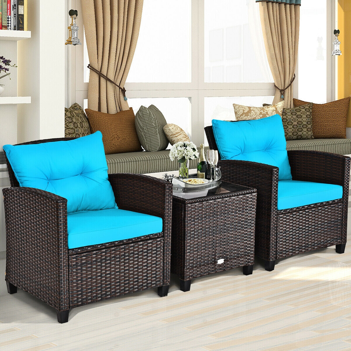 3 Pcs Patio Rattan Furniture Set Cushioned Conversation Set Coffee Table