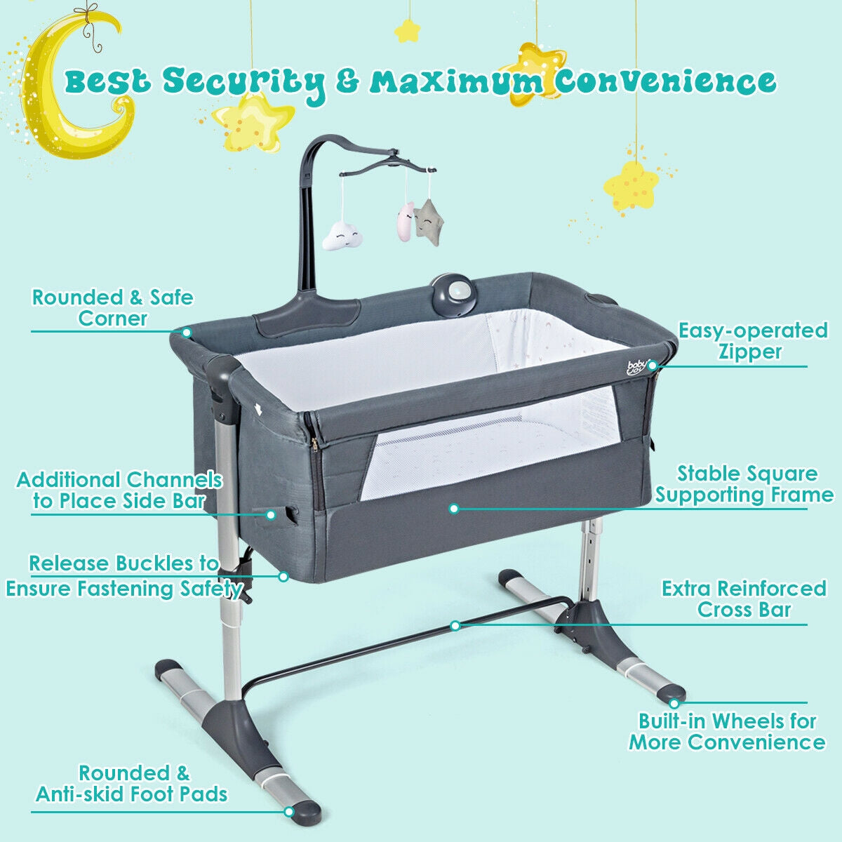 Height Adjustable Baby Side Crib with Music Box & Toys-Dark Gray
