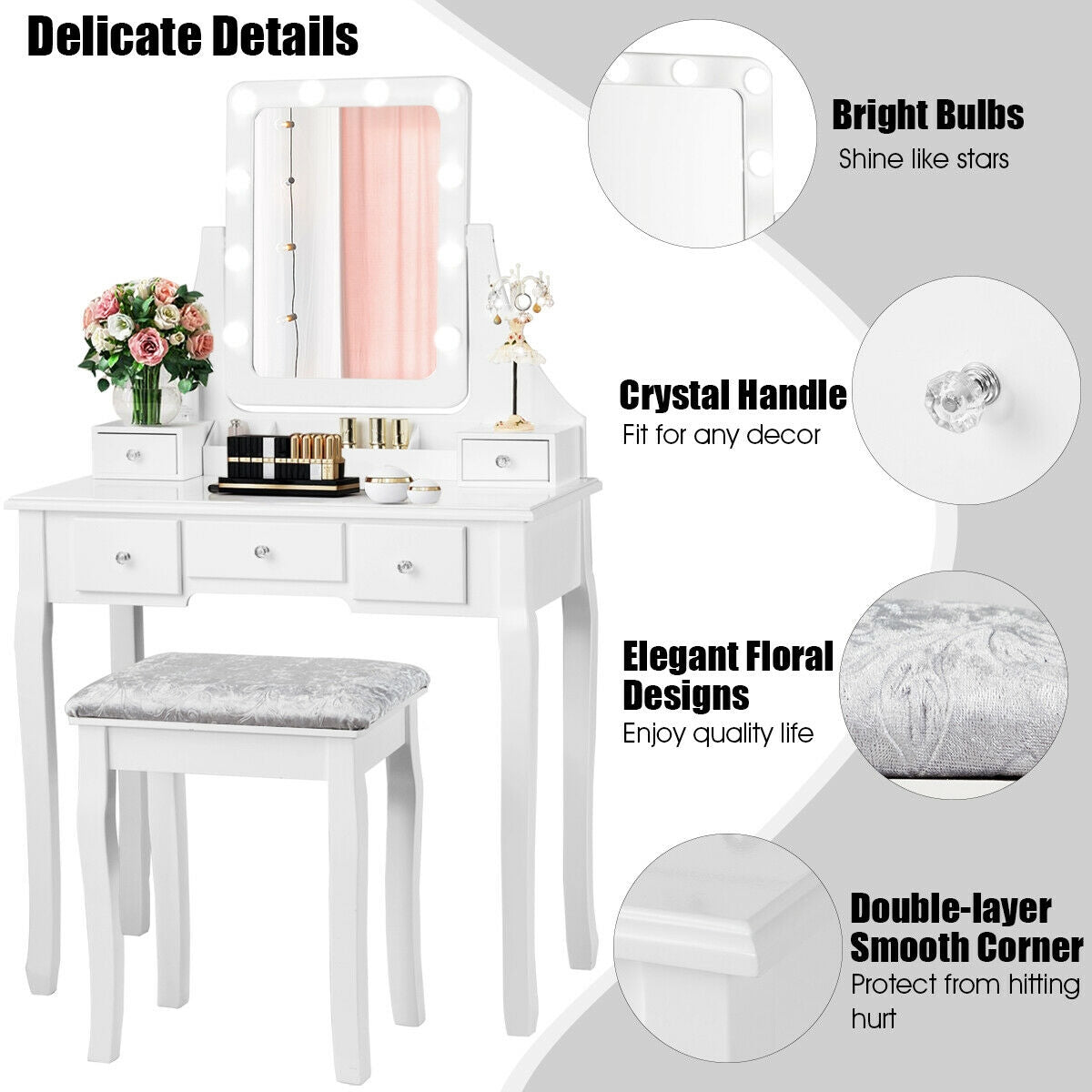 Vanity Dressing Table Set with 10 Dimmable Bulbs and Cushioned Stool