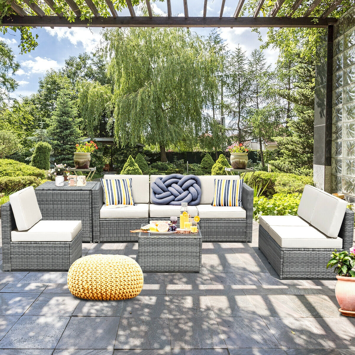 8 Piece Wicker Sofa Rattan Dinning Set Patio Furniture with Storage Table