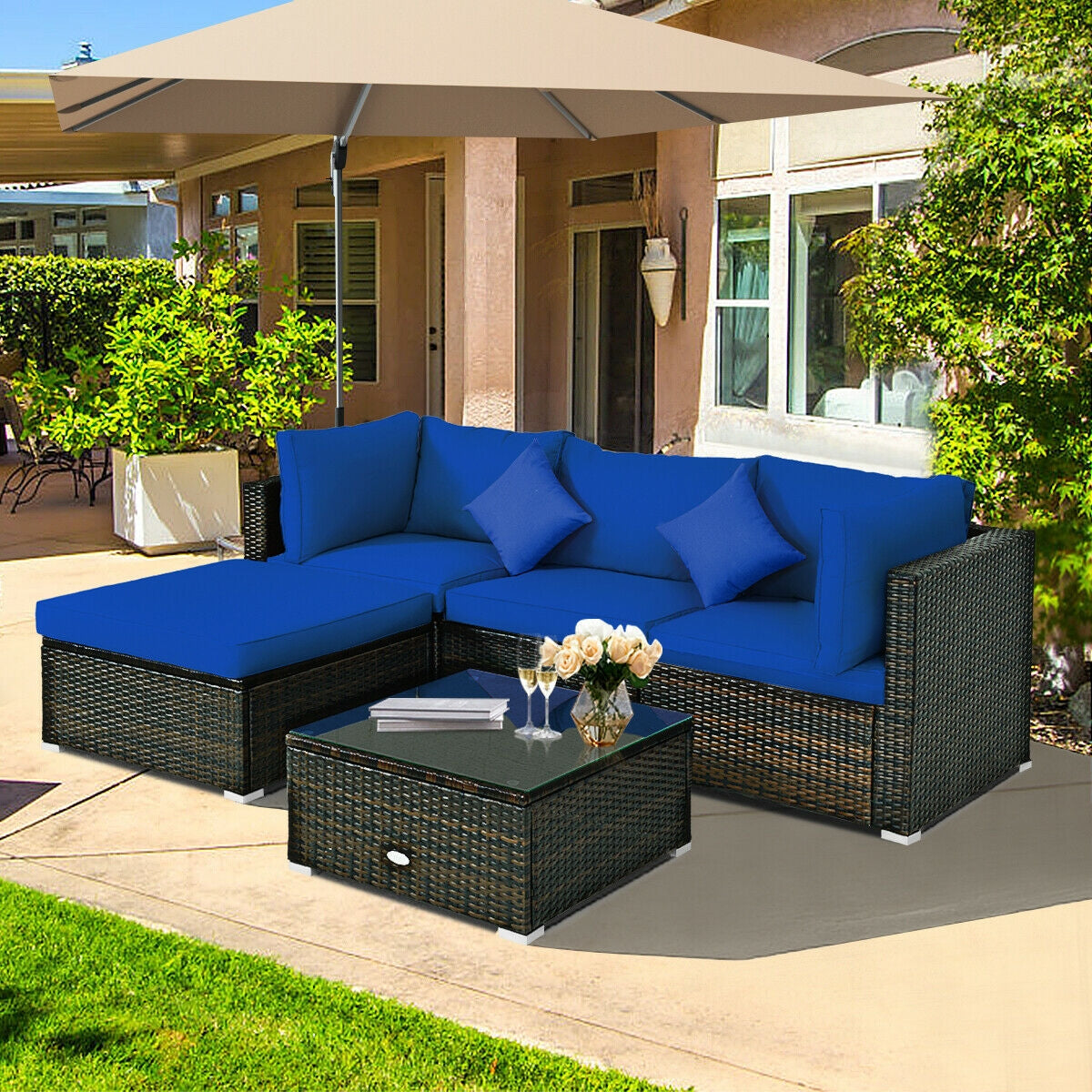5 Pieces Outdoor Patio Rattan Furniture Set With Cushions