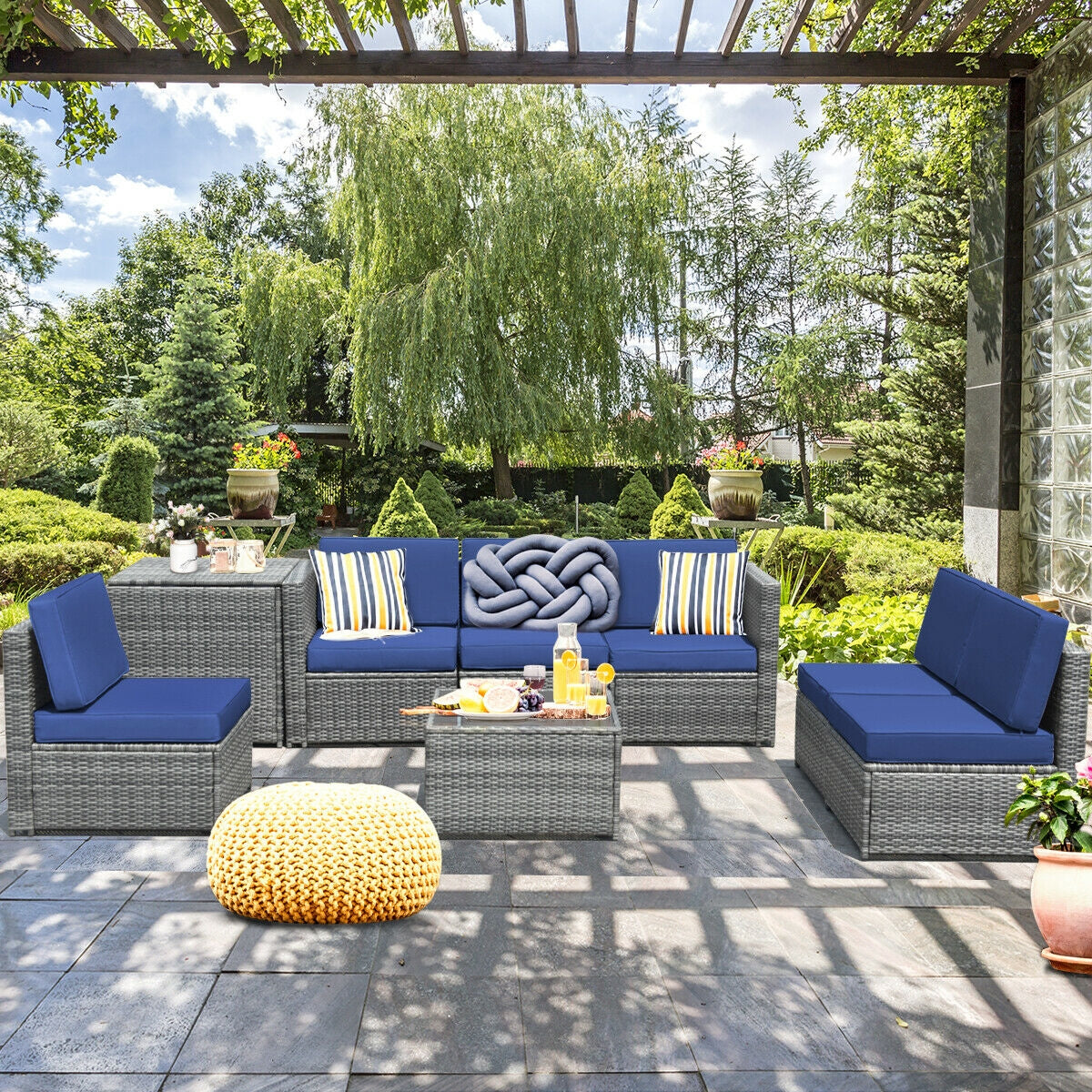 8 Piece Wicker Sofa Rattan Dinning Set Patio Furniture with Storage Table