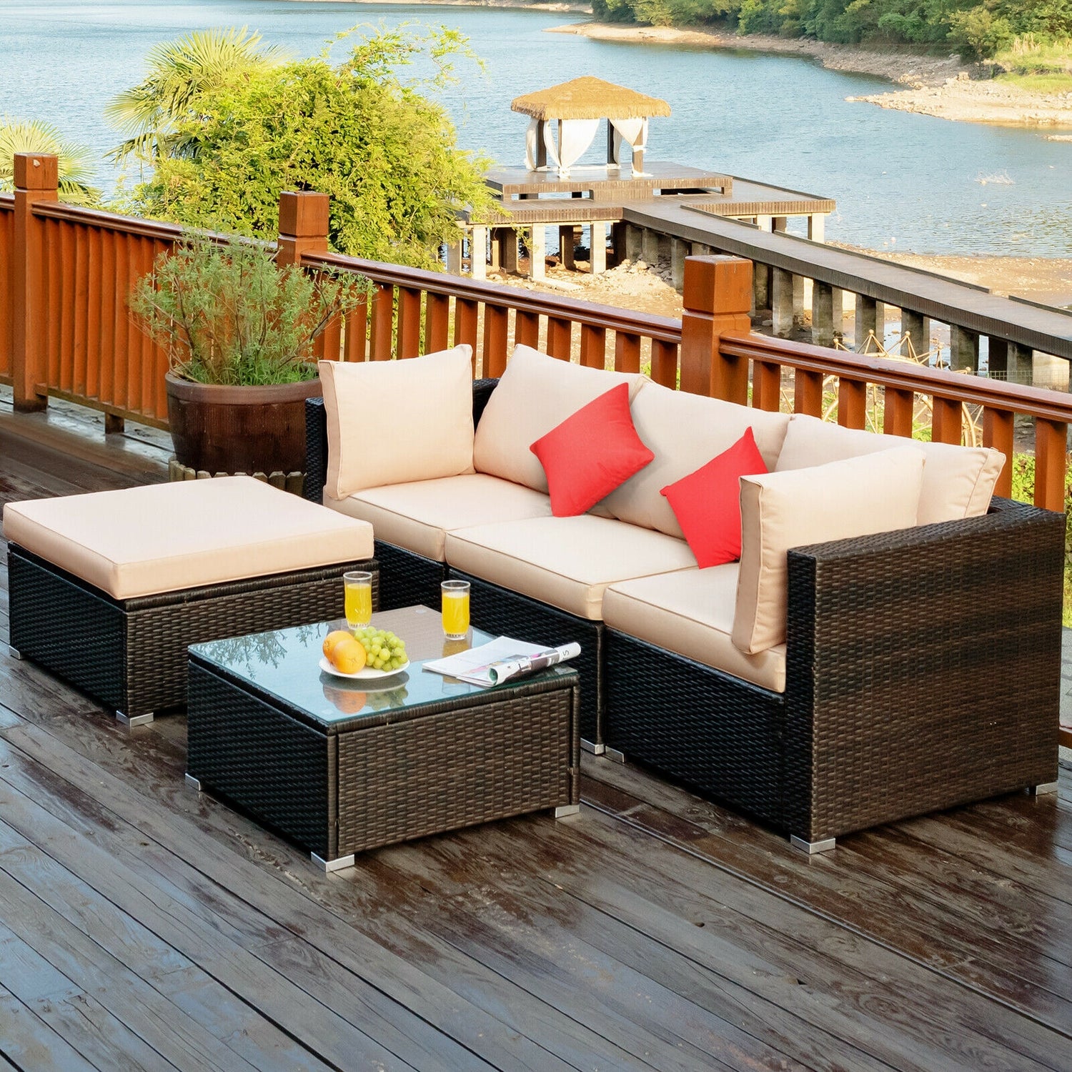 5 Pieces Outdoor Patio Rattan Furniture Set With Cushions